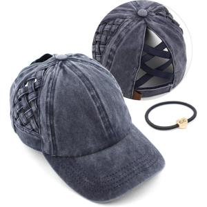 imageCC Exclusives Washed Cotton Denim Basket Weave CrissCross Ponytail Baseball Cap Bundle Hair Tie BT922Navy