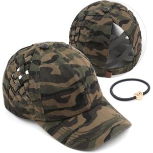 imageCC Exclusives Washed Cotton Denim Basket Weave CrissCross Ponytail Baseball Cap Bundle Hair Tie BT922Olive Camo