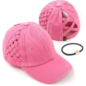 imageCC Exclusives Washed Cotton Denim Basket Weave CrissCross Ponytail Baseball Cap Bundle Hair Tie BT922Pink