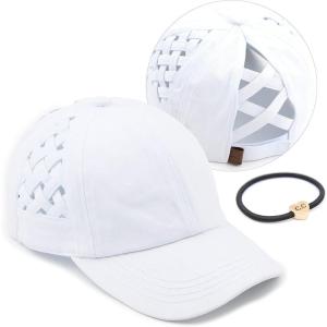 imageCC Exclusives Washed Cotton Denim Basket Weave CrissCross Ponytail Baseball Cap Bundle Hair Tie BT922White