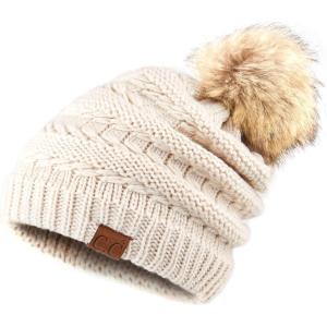 imageCC Hatsandscarf Exclusives Unisex Solid Ribbed Beanie with Pom HAT43A Beigetilted Stitch
