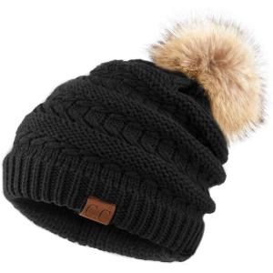 imageCC Hatsandscarf Exclusives Unisex Solid Ribbed Beanie with Pom HAT43A Blacktilted Stitch