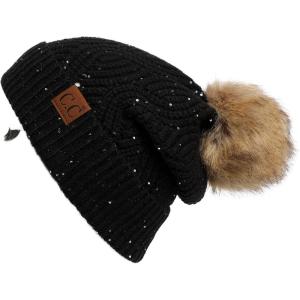 imageCC Hatsandscarf Exclusives Unisex Solid Ribbed Beanie with Pom HAT43A Brioche Cable Patternblack
