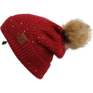 imageCC Hatsandscarf Exclusives Unisex Solid Ribbed Beanie with Pom HAT43A Brioche Cable Patternburgundy