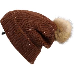 imageCC Hatsandscarf Exclusives Unisex Solid Ribbed Beanie with Pom HAT43A Brioche Cable Patterncoffee