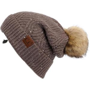 imageCC Hatsandscarf Exclusives Unisex Solid Ribbed Beanie with Pom HAT43A Brioche Cable Patternearth Grey