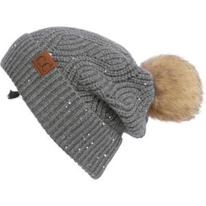 imageCC Hatsandscarf Exclusives Unisex Solid Ribbed Beanie with Pom HAT43A Brioche Cable Patternheather Grey