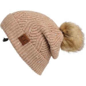 imageCC Hatsandscarf Exclusives Unisex Solid Ribbed Beanie with Pom HAT43A Brioche Cable Patternheather Sand