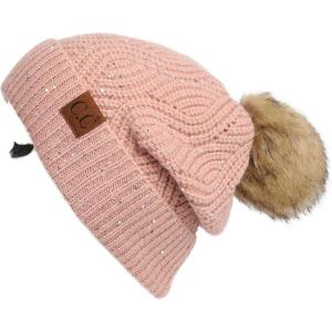imageCC Hatsandscarf Exclusives Unisex Solid Ribbed Beanie with Pom HAT43A Brioche Cable Patternrose