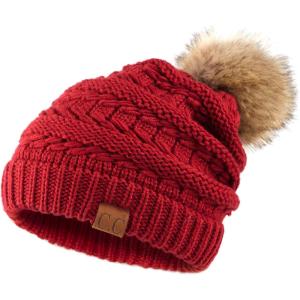 imageCC Hatsandscarf Exclusives Unisex Solid Ribbed Beanie with Pom HAT43A Chili Peppertilted Stitch
