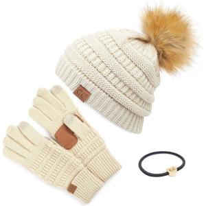 imageCC Hatsandscarf Exclusives Unisex Solid Ribbed Beanie with Pom HAT43A Gift Setbeige