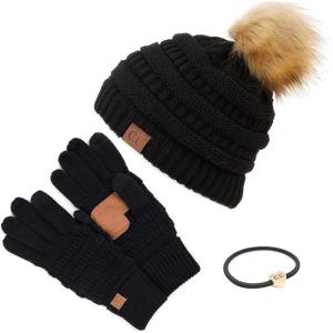 imageCC Hatsandscarf Exclusives Unisex Solid Ribbed Beanie with Pom HAT43A Gift Setblack