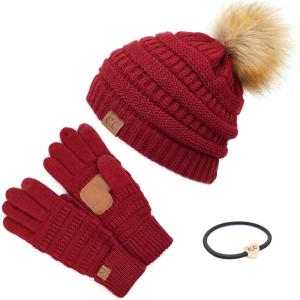 imageCC Hatsandscarf Exclusives Unisex Solid Ribbed Beanie with Pom HAT43A Gift Setburgundy