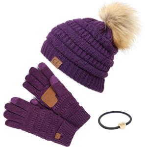imageCC Hatsandscarf Exclusives Unisex Solid Ribbed Beanie with Pom HAT43A Gift Setdkpurple