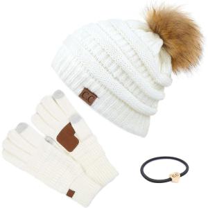 imageCC Hatsandscarf Exclusives Unisex Solid Ribbed Beanie with Pom HAT43A Gift Setivory