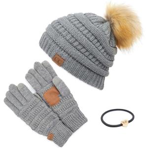 imageCC Hatsandscarf Exclusives Unisex Solid Ribbed Beanie with Pom HAT43A Gift Setltmelgrey