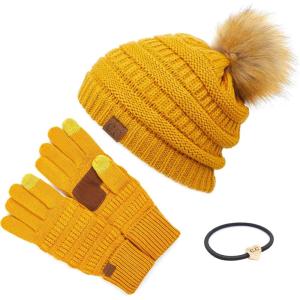 imageCC Hatsandscarf Exclusives Unisex Solid Ribbed Beanie with Pom HAT43A Gift Setmustard