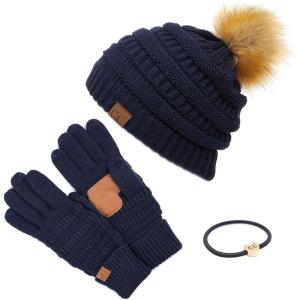 imageCC Hatsandscarf Exclusives Unisex Solid Ribbed Beanie with Pom HAT43A Gift Setnavy