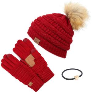 imageCC Hatsandscarf Exclusives Unisex Solid Ribbed Beanie with Pom HAT43A Gift Setred