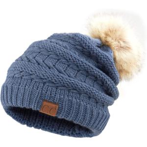 imageCC Hatsandscarf Exclusives Unisex Solid Ribbed Beanie with Pom HAT43A Heather Denimtilted Stitch