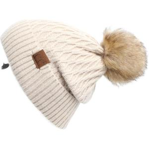 imageCC Hatsandscarf Exclusives Unisex Solid Ribbed Beanie with Pom HAT43A Honey Comb Patternrayonbeige
