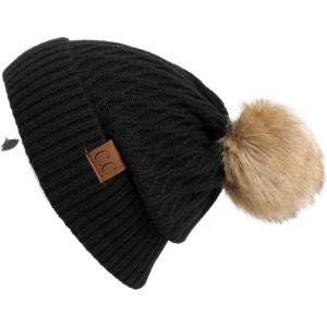 imageCC Hatsandscarf Exclusives Unisex Solid Ribbed Beanie with Pom HAT43A Honey Comb Patternrayonblack