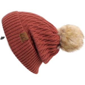 imageCC Hatsandscarf Exclusives Unisex Solid Ribbed Beanie with Pom HAT43A Honey Comb Patternrayonbrick