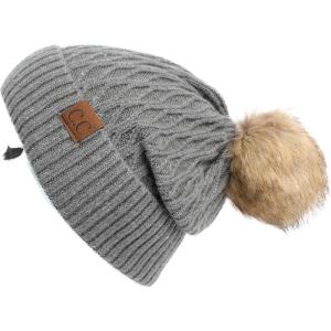 imageCC Hatsandscarf Exclusives Unisex Solid Ribbed Beanie with Pom HAT43A Honey Comb Patternrayondkgrey