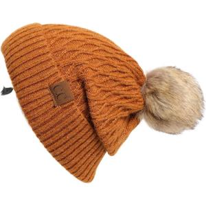 imageCC Hatsandscarf Exclusives Unisex Solid Ribbed Beanie with Pom HAT43A Honey Comb Patternrayongolden Camel