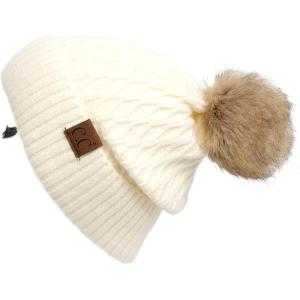 imageCC Hatsandscarf Exclusives Unisex Solid Ribbed Beanie with Pom HAT43A Honey Comb Patternrayonivory