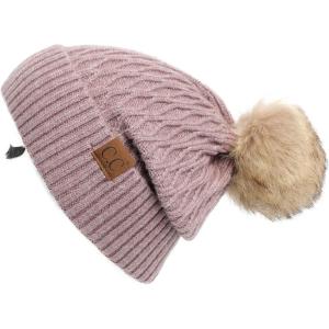 imageCC Hatsandscarf Exclusives Unisex Solid Ribbed Beanie with Pom HAT43A Honey Comb Patternrayonmauve Mix