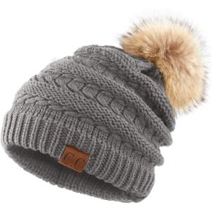 imageCC Hatsandscarf Exclusives Unisex Solid Ribbed Beanie with Pom HAT43A Lt Melgreytilted Stitch