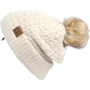 imageCC Hatsandscarf Exclusives Unisex Solid Ribbed Beanie with Pom HAT43A Smocking Stitch Patternbeige