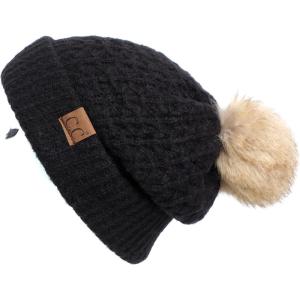imageCC Hatsandscarf Exclusives Unisex Solid Ribbed Beanie with Pom HAT43A Smocking Stitch Patternblack