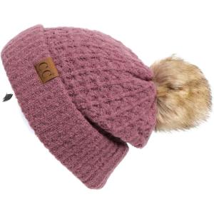 imageCC Hatsandscarf Exclusives Unisex Solid Ribbed Beanie with Pom HAT43A Smocking Stitch Patterncoco Berry