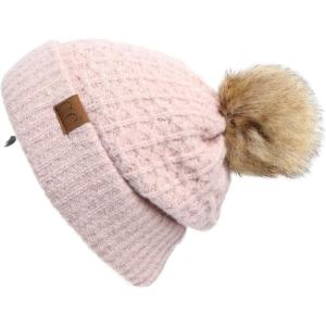 imageCC Hatsandscarf Exclusives Unisex Solid Ribbed Beanie with Pom HAT43A Smocking Stitch Patterndusty Rose