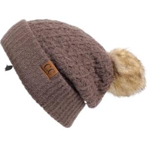 imageCC Hatsandscarf Exclusives Unisex Solid Ribbed Beanie with Pom HAT43A Smocking Stitch Patternearth Grey