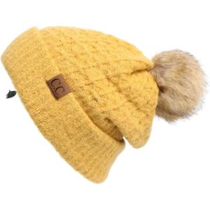 imageCC Hatsandscarf Exclusives Unisex Solid Ribbed Beanie with Pom HAT43A Smocking Stitch Patternhoney Mustard