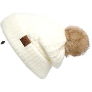 imageCC Hatsandscarf Exclusives Unisex Solid Ribbed Beanie with Pom HAT43A Smocking Stitch Patternivory