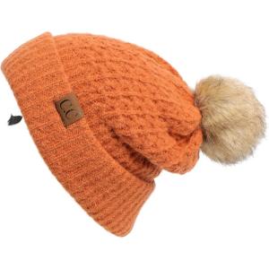 imageCC Hatsandscarf Exclusives Unisex Solid Ribbed Beanie with Pom HAT43A Smocking Stitch Patternltcinnamon