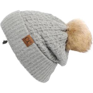 imageCC Hatsandscarf Exclusives Unisex Solid Ribbed Beanie with Pom HAT43A Smocking Stitch Patternltmelgrey