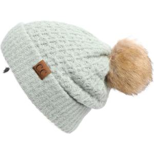 imageCC Hatsandscarf Exclusives Unisex Solid Ribbed Beanie with Pom HAT43A Smocking Stitch Patternpale Mint