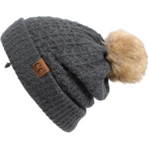 imageCC Hatsandscarf Exclusives Unisex Solid Ribbed Beanie with Pom HAT43A Smocking Stitch Patternteal Grey
