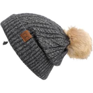 imageCC Hatsandscarf Exclusives Unisex Solid Ribbed Beanie with Pom HAT43A Soft Cuff Mixed Cable Patternblack