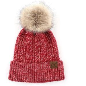 imageCC Hatsandscarf Exclusives Unisex Solid Ribbed Beanie with Pom HAT43A Soft Cuff Mixed Cable Patterncrimson
