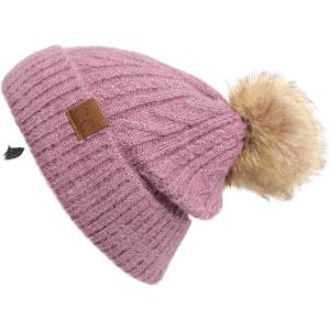 imageCC Hatsandscarf Exclusives Unisex Solid Ribbed Beanie with Pom HAT43A Soft Cuff Mixed Cable Patternlavender