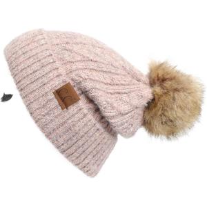 imageCC Hatsandscarf Exclusives Unisex Solid Ribbed Beanie with Pom HAT43A Soft Cuff Mixed Cable Patternrose