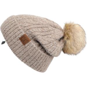 imageCC Hatsandscarf Exclusives Unisex Solid Ribbed Beanie with Pom HAT43A Soft Cuff Mixed Cable Patterntaupe
