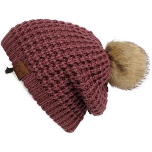 imageCC Hatsandscarf Exclusives Unisex Solid Ribbed Beanie with Pom HAT43A Waffle Stitch Patterncoco Berry