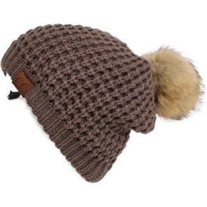 imageCC Hatsandscarf Exclusives Unisex Solid Ribbed Beanie with Pom HAT43A Waffle Stitch Patternearth Grey
